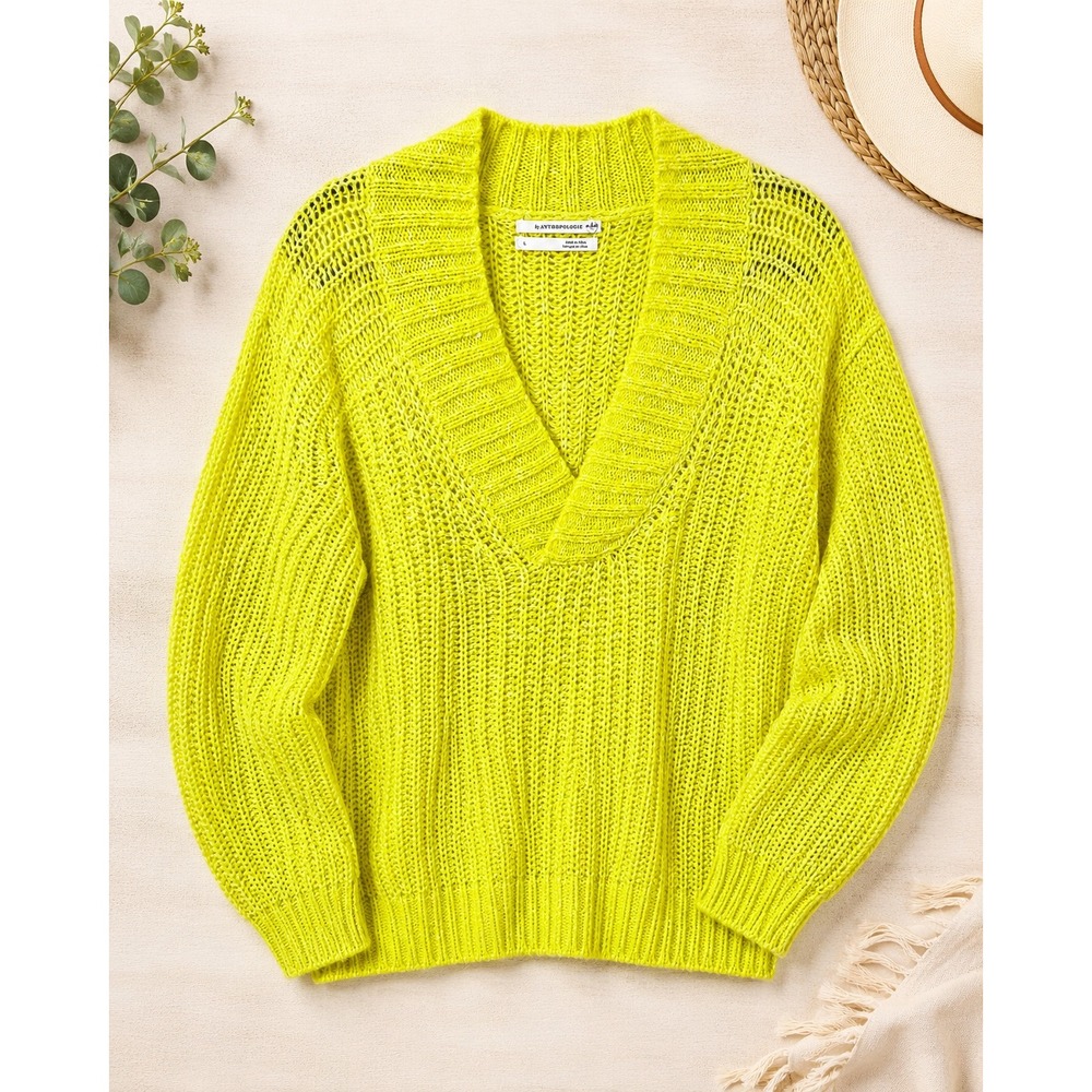 Anthropologie V-Neck Sweater Womens L Lime Green Wool Blend Ribbed Knit Pullover
